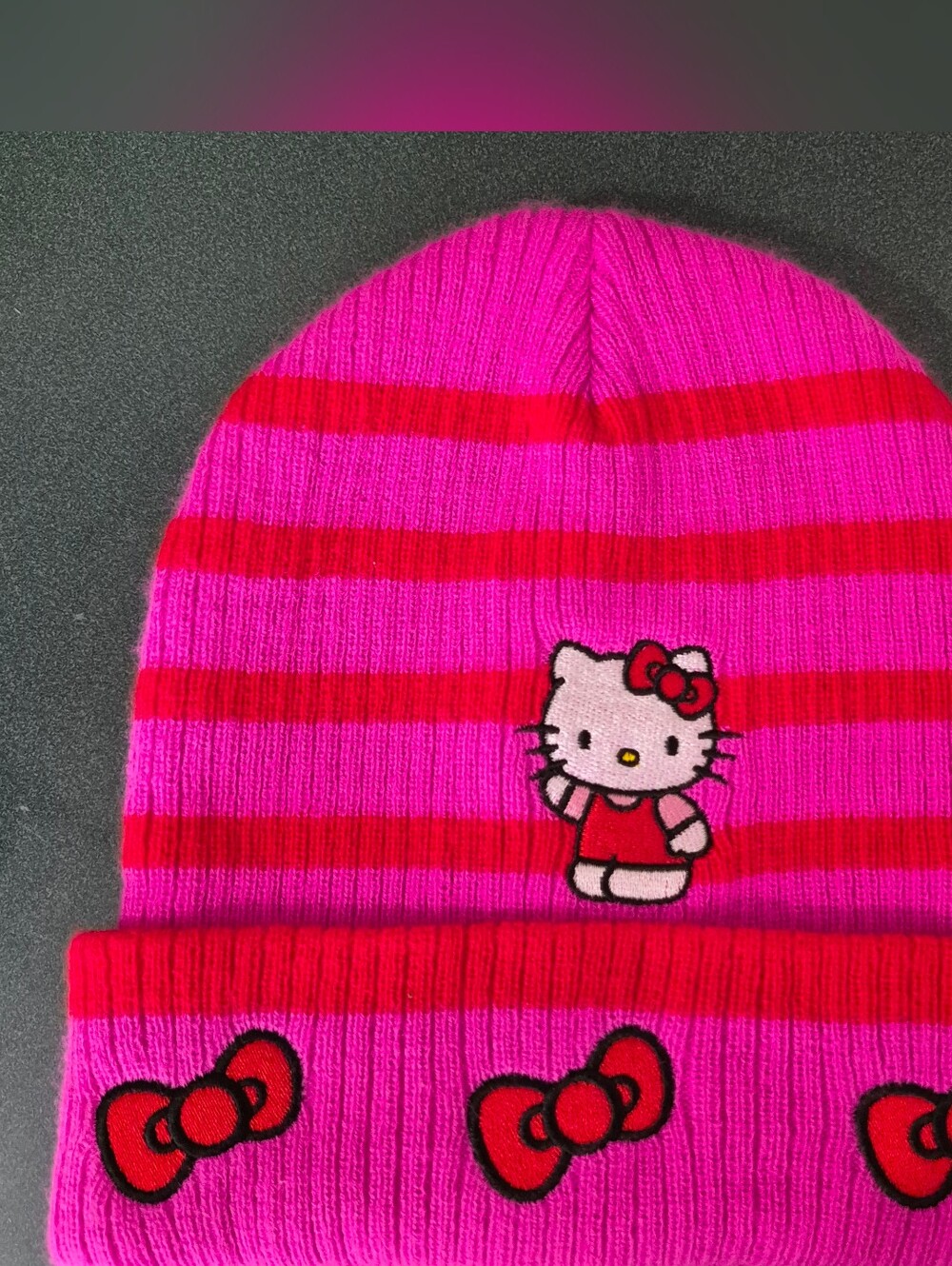 Hello Kitty Pink & Red Striped Beanie Hat